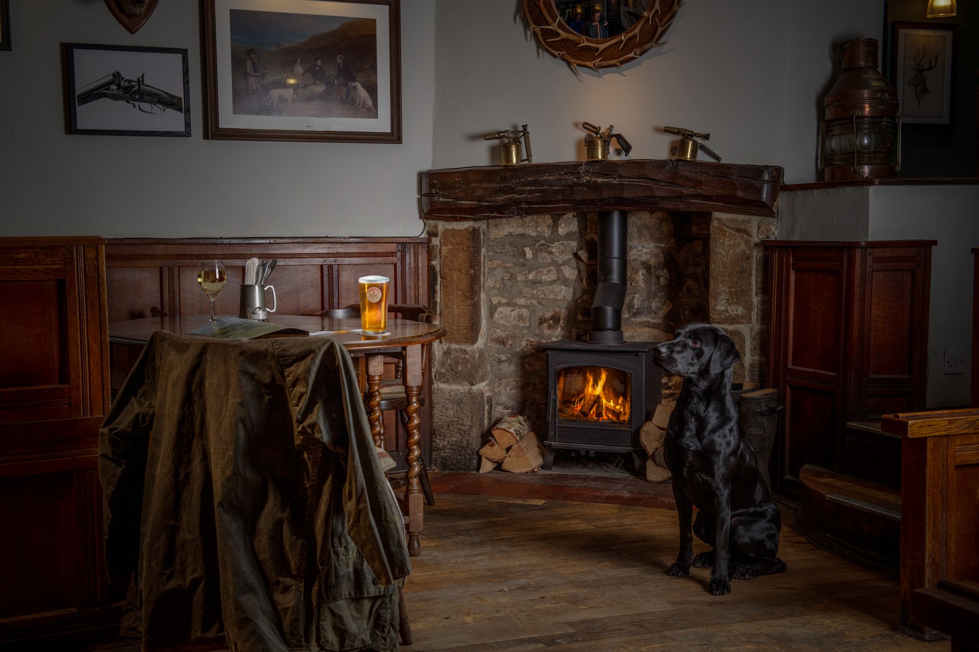 pint by the fire with dog