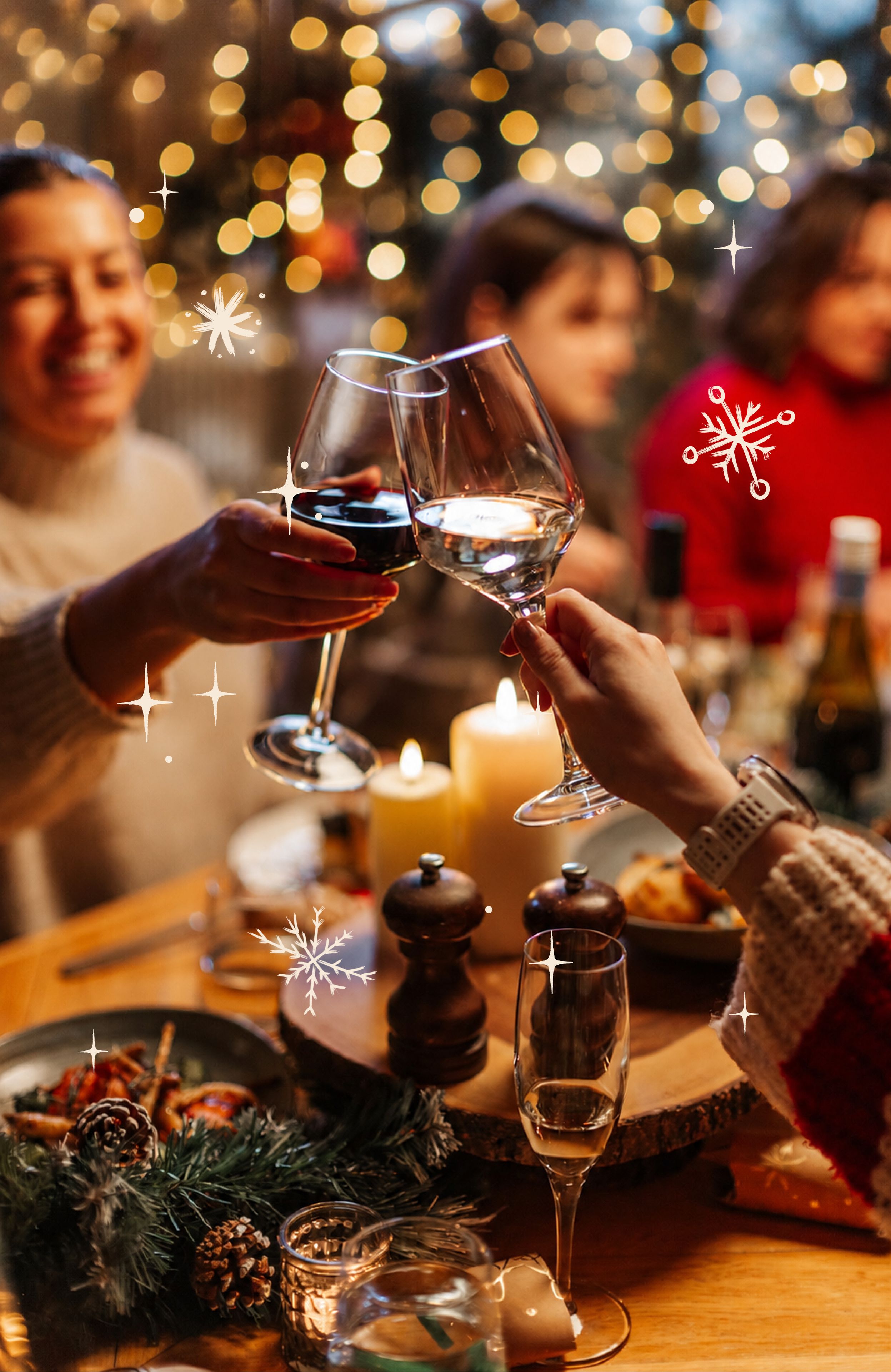 wine glasses clinking with Christmas sparkle