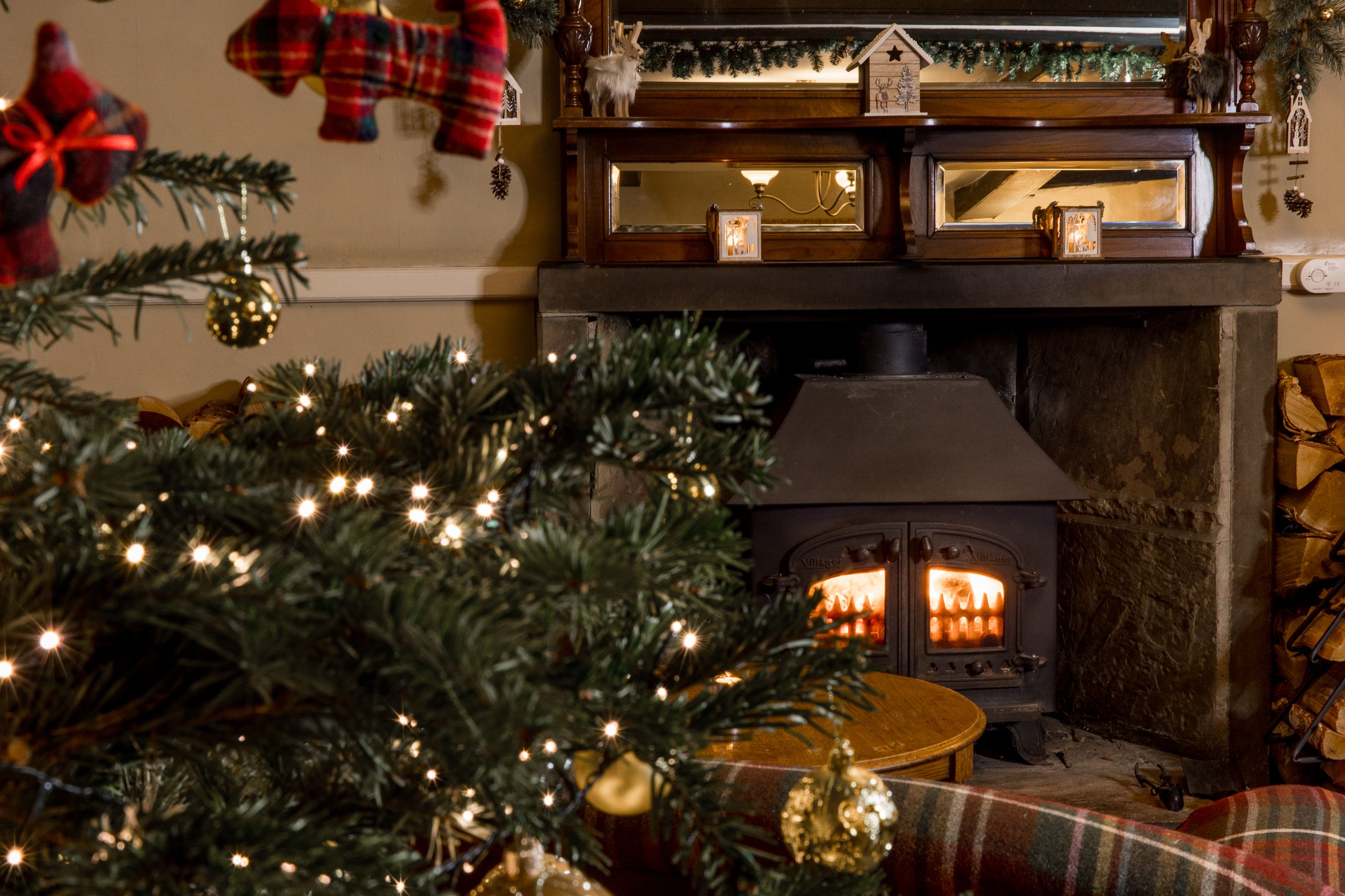Christmas tree by the fireplace